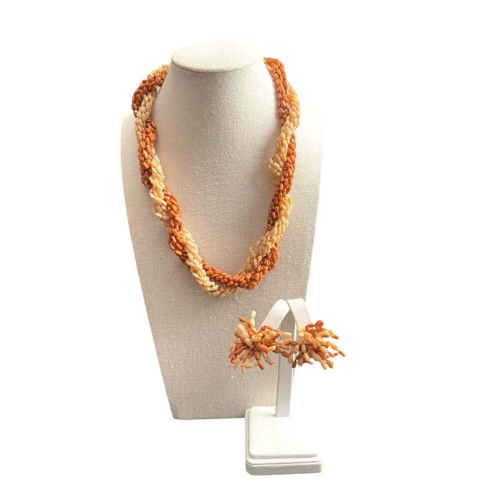 Hong Kong Signed Beige Brown Tan Tones Matching Necklace Clip‎ On Earring Set